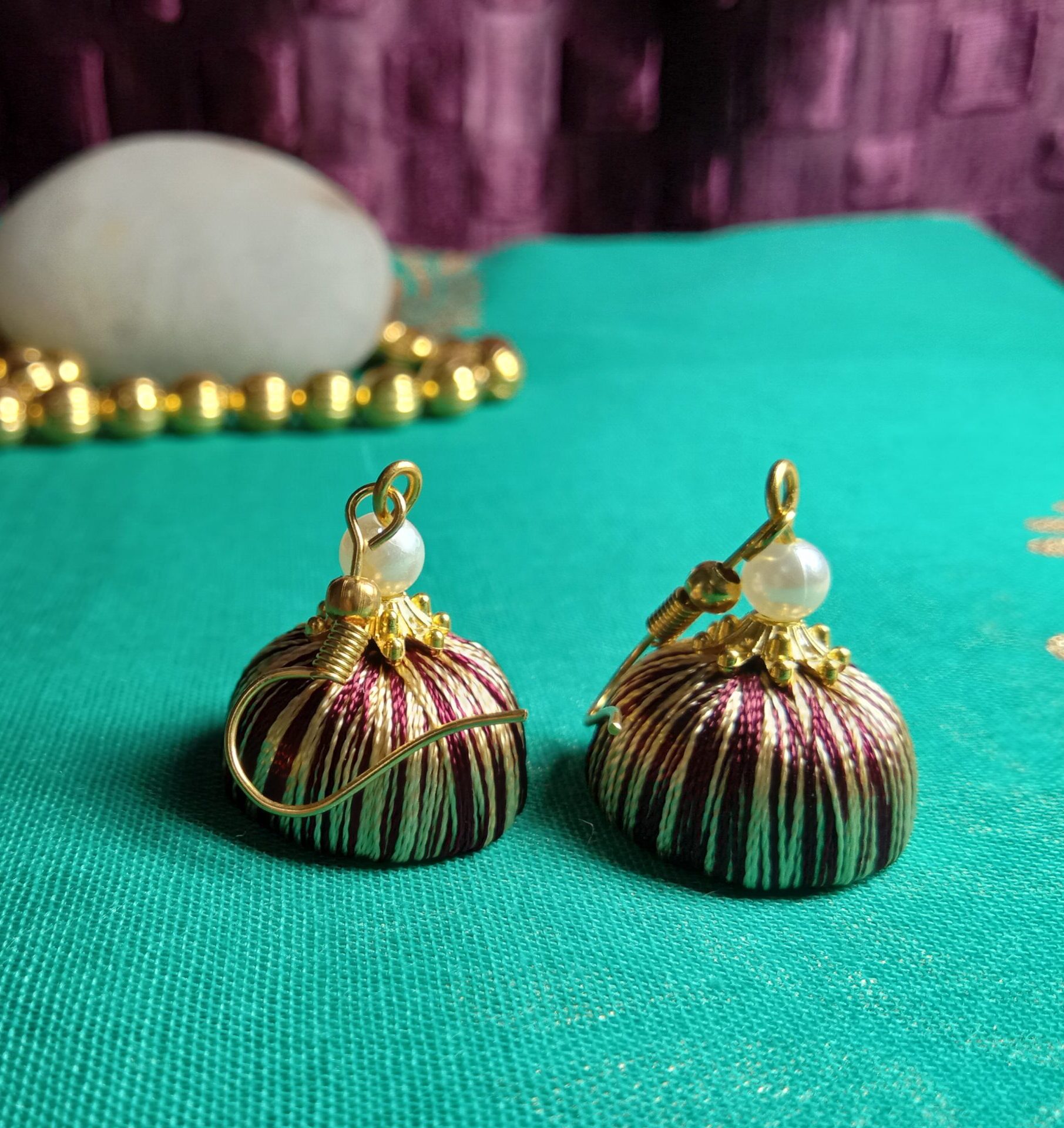 Wine (Red) and Light Golden Silk Thread Small Size Jhumkas with acrylic cap