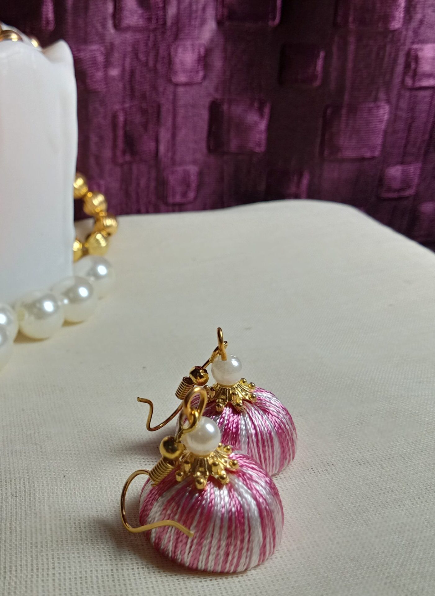 Baby Pink and White Silk Thread Small Size Jhumkas with acrylic cap