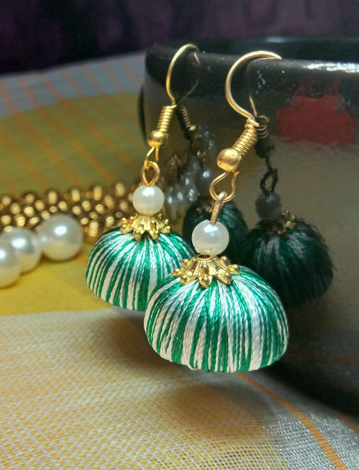 Green and White Silk Thread Small Size Jhumkas with acrylic cap
