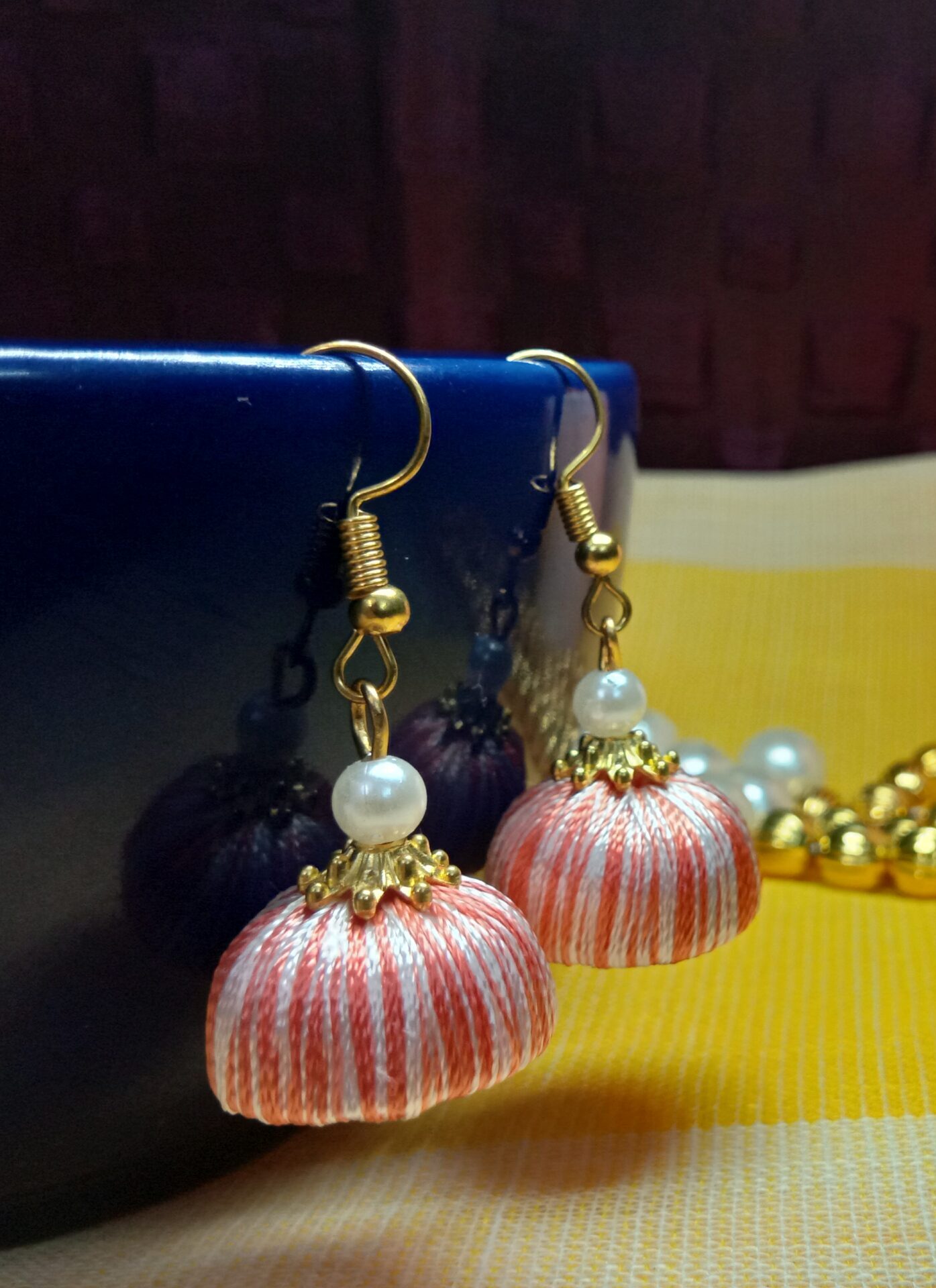 Light Peach and White Silk Thread Small Size Jhumkas with acrylic cap