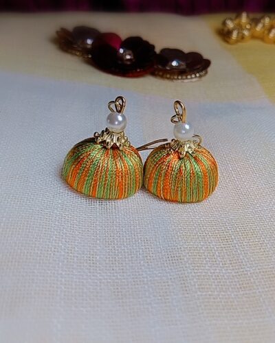 Orange and Light Green Silk Thread Small Size Jhumkas with acrylic cap