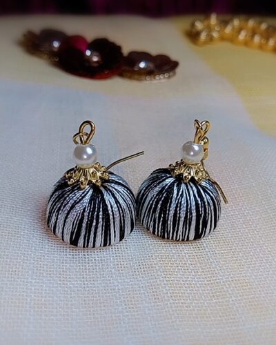 Black and Grey Silk Thread Small Size Jhumkas with acrylic cap
