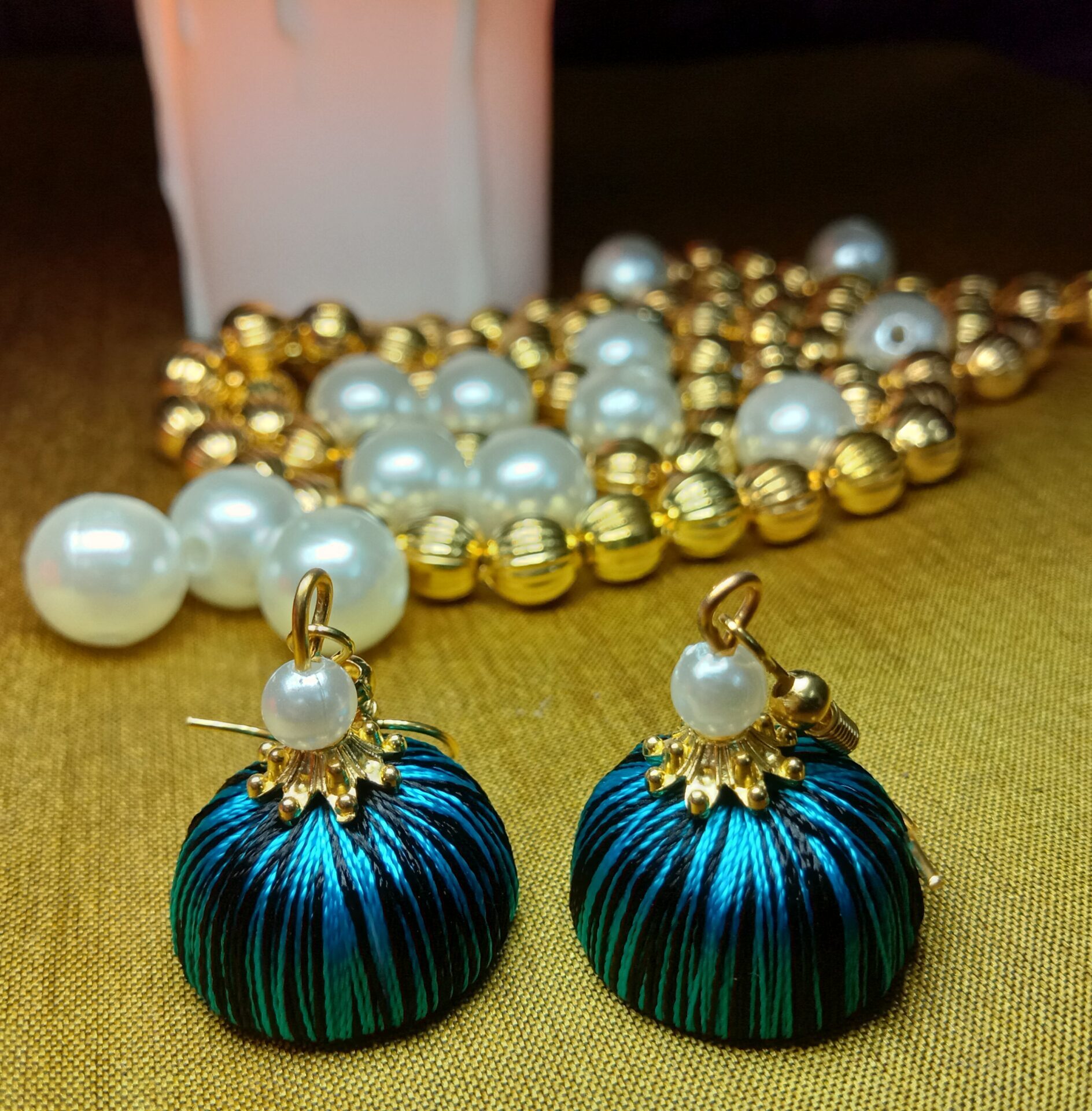Firozi (Blue) and Black Silk Thread Small Size Jhumkas with acrylic cap