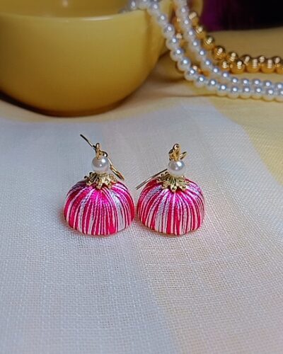 Pink and White Silk Thread Small Size Jhumkas with acrylic cap