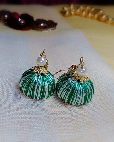 Olive Green and White Silk Thread Small Size Jhumkas with acrylic cap