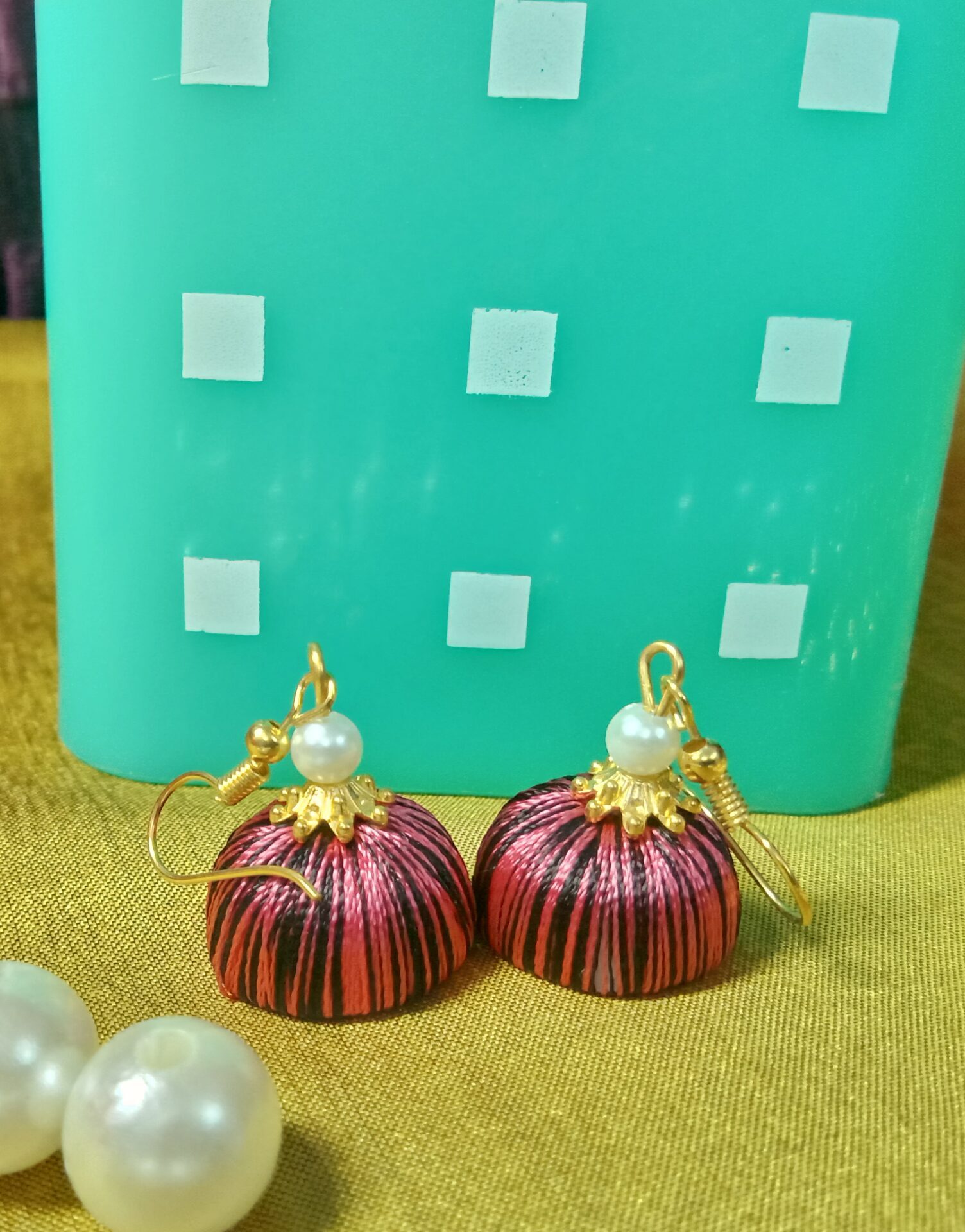 Peach and Black Silk Thread Small Size Jhumkas with acrylic cap