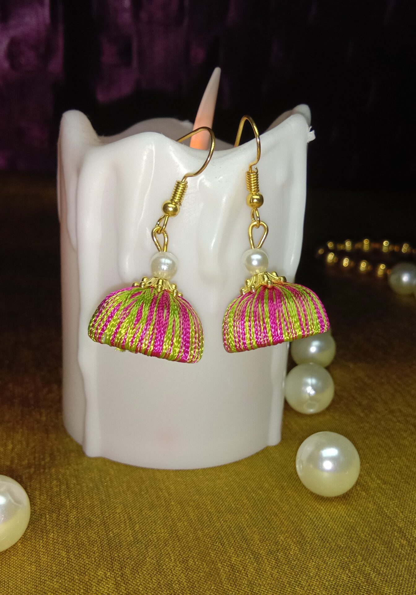 Light Green and Pink Silk Thread Small Size Jhumkas with acrylic cap
