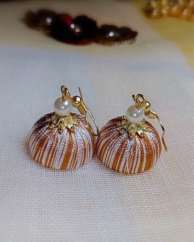 Dark Golden and White Silk Thread Small Size Jhumkas with acrylic cap