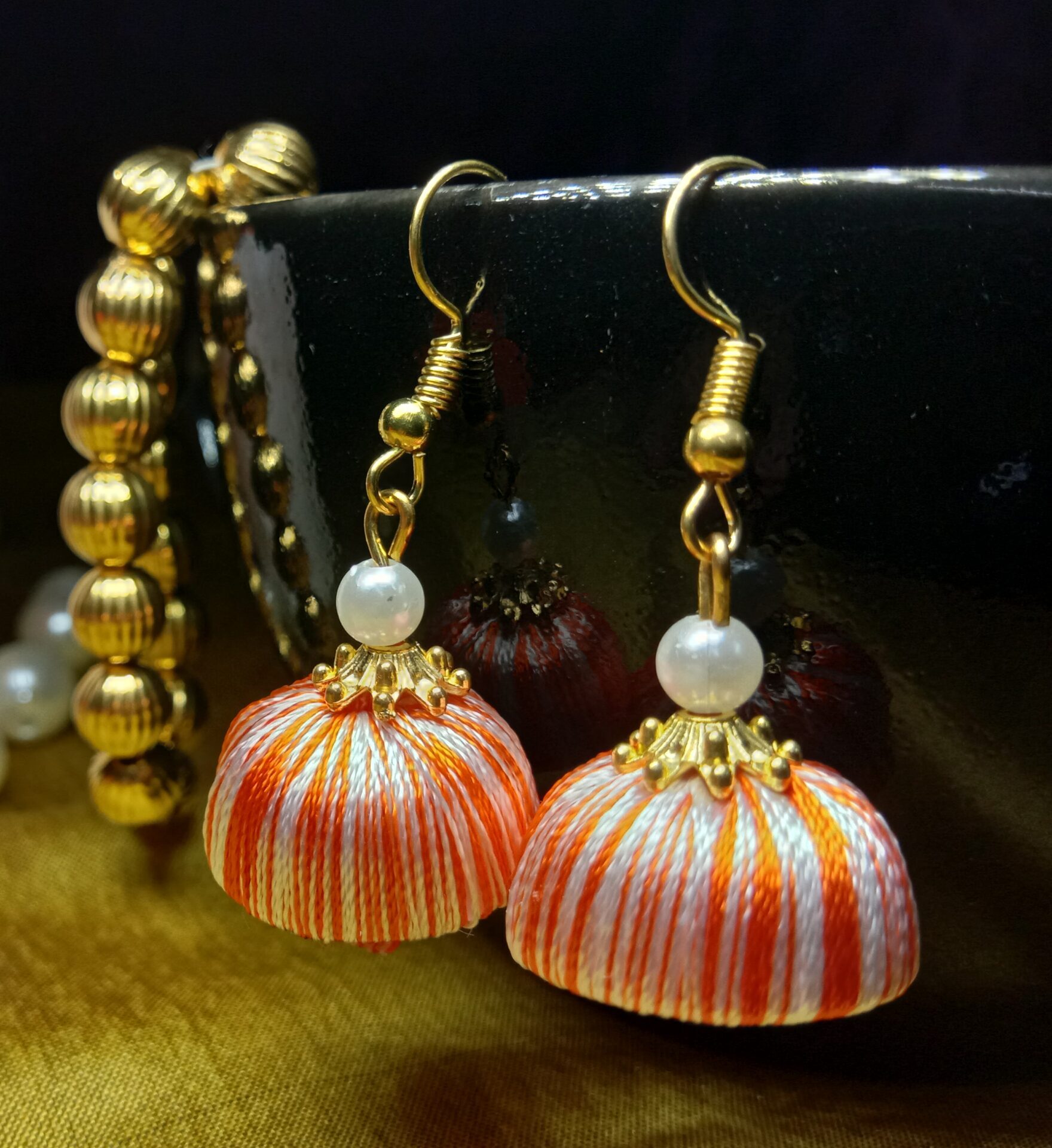 Orange and White Silk Thread Small Size Jhumkas with acrylic cap