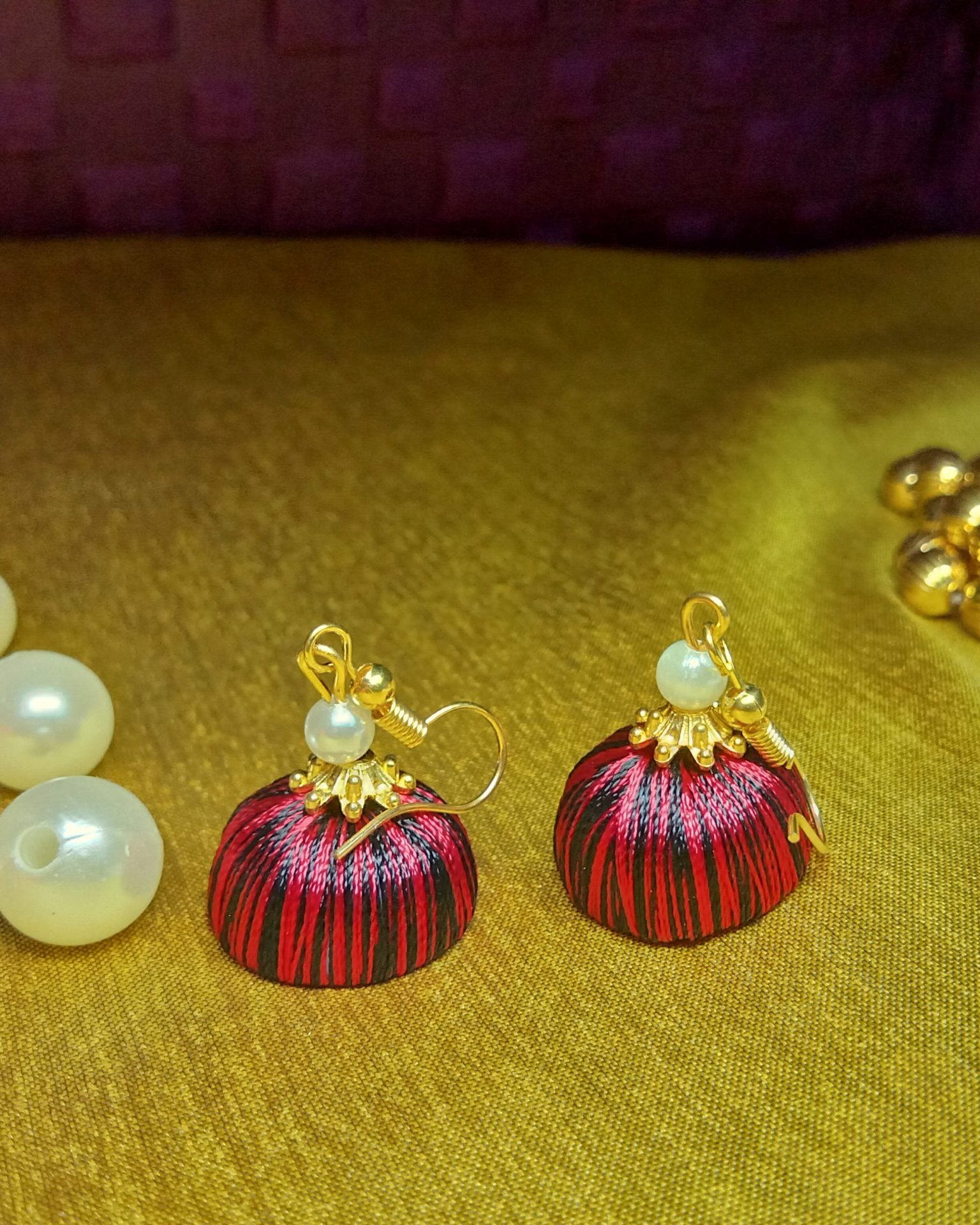 Red and Black Silk Thread Small Size Jhumkas with acrylic cap