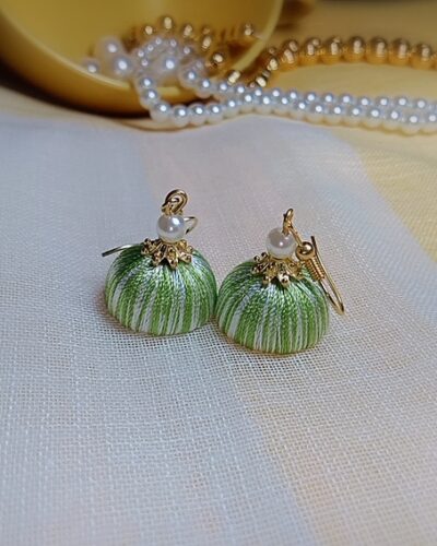 Light Green and White Silk Thread Small Size Jhumkas with acrylic cap