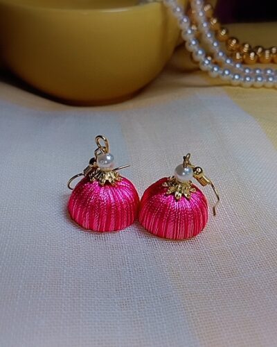 Baby Pink and Dark Pink Silk Thread Small Size Jhumkas with acrylic cap