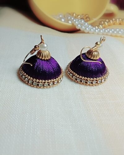 Purple Silk Thread Medium Size Jhumkas With Diamond Lace & Double Golden Lace