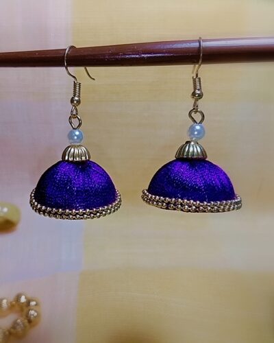 Purple Silk Thread Medium Size Jhumkas With Double Golden Lace