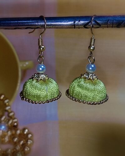 Yellow Silk Thread Small Size Jhumkas With Golden Lace