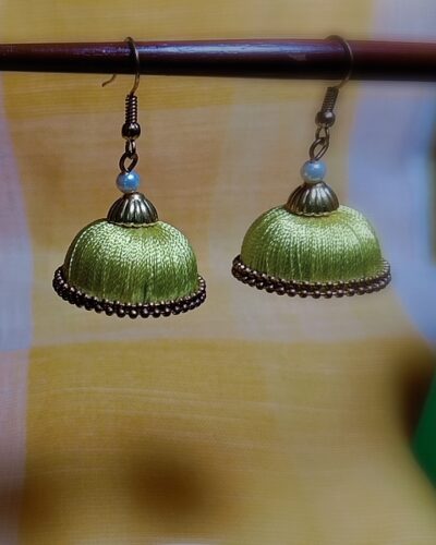 Yellow Silk Thread Medium Size Jhumkas With Double Golden Lace