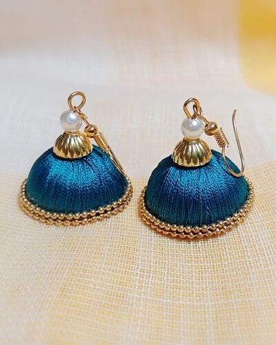 Peacock Green Silk Thread Medium Size Jhumkas With Double Golden Lace