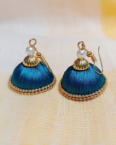 Peacock Green Silk Thread Medium Size Jhumkas With Double Golden Lace