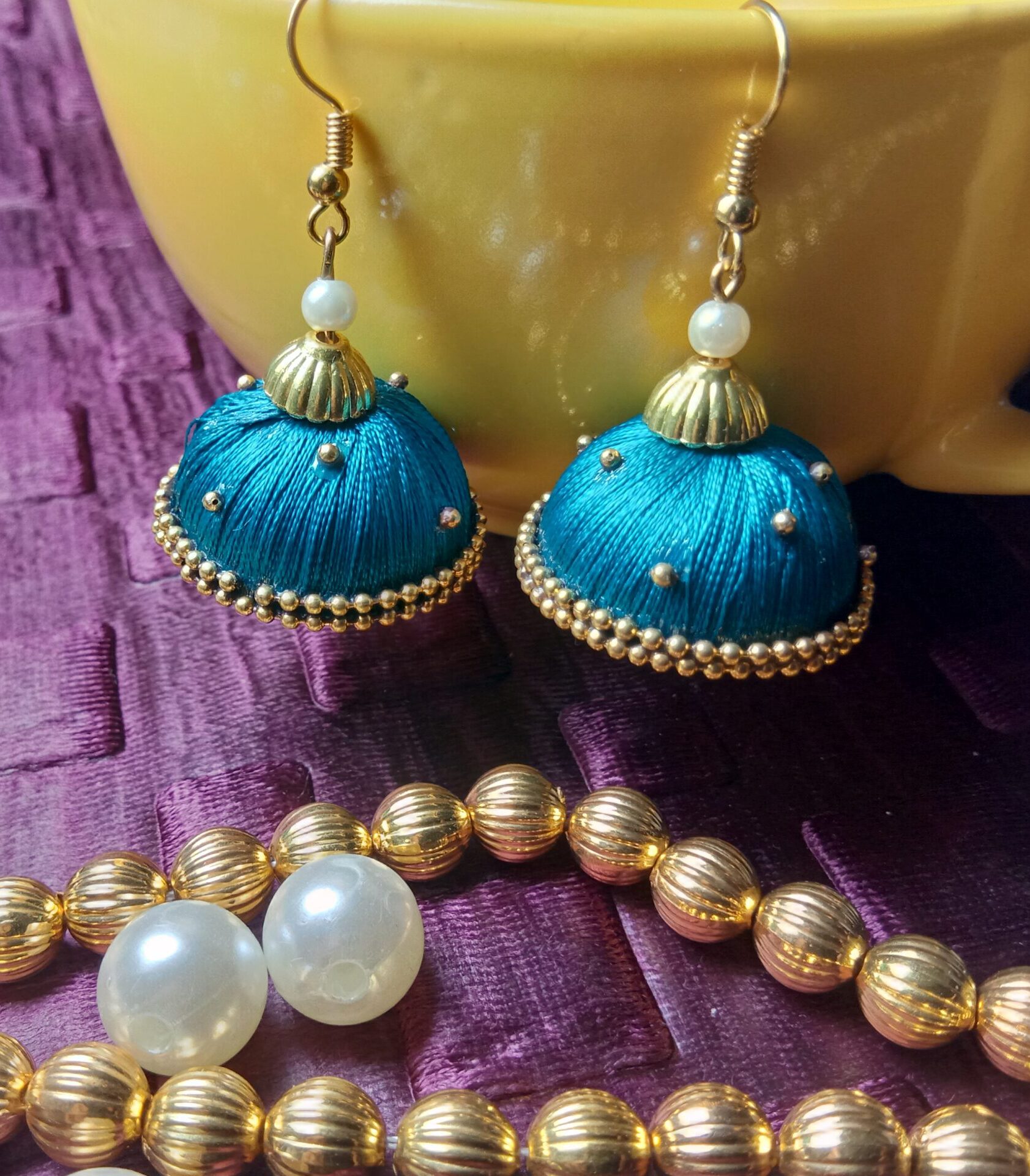 Peacock Green Silk Thread Medium Size Jhumkas With Double Golden Lace with Gold dots