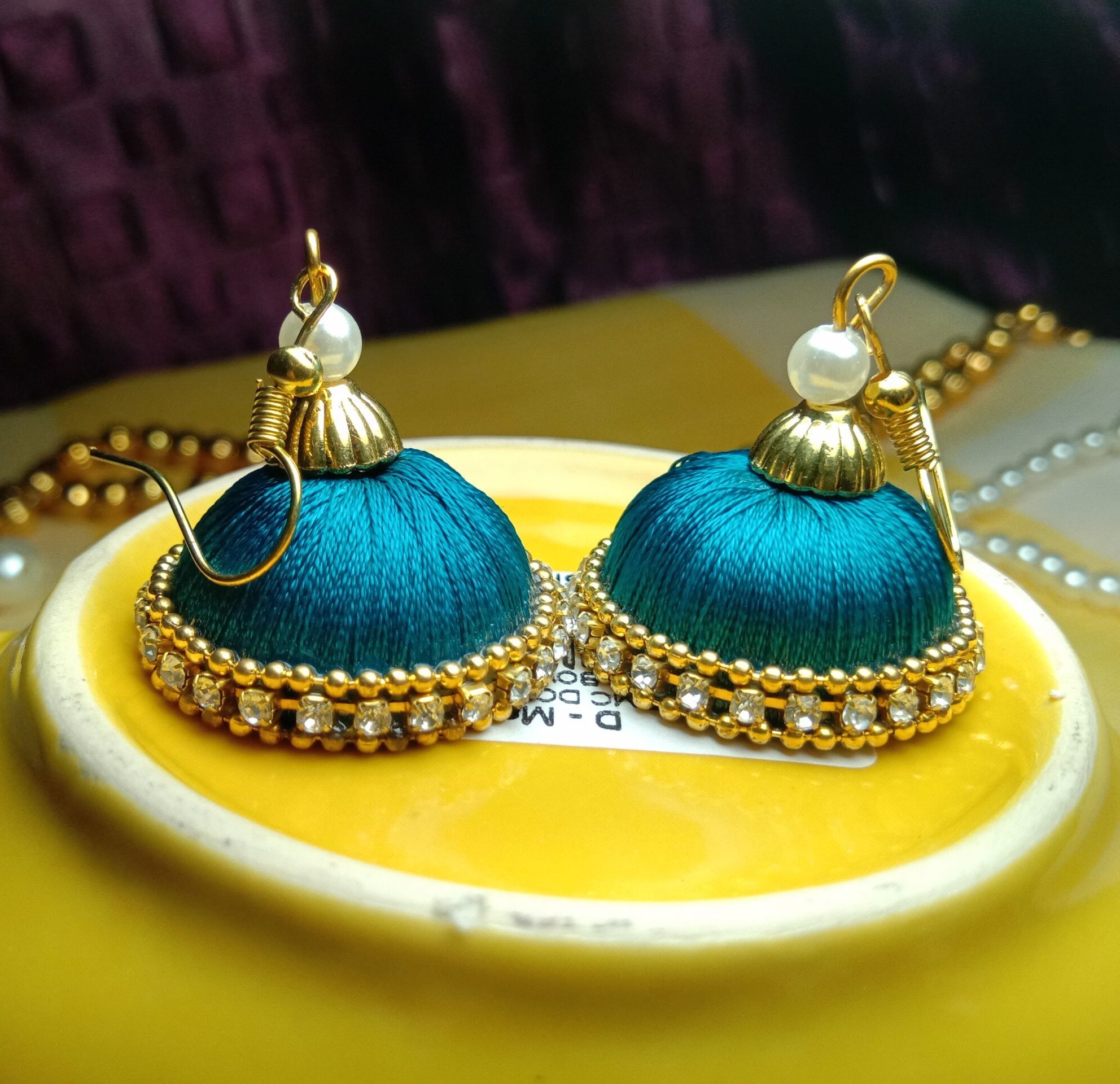 Peacock Green Silk Thread Medium Size Jhumkas With Diamond Lace & Double Golden Lace