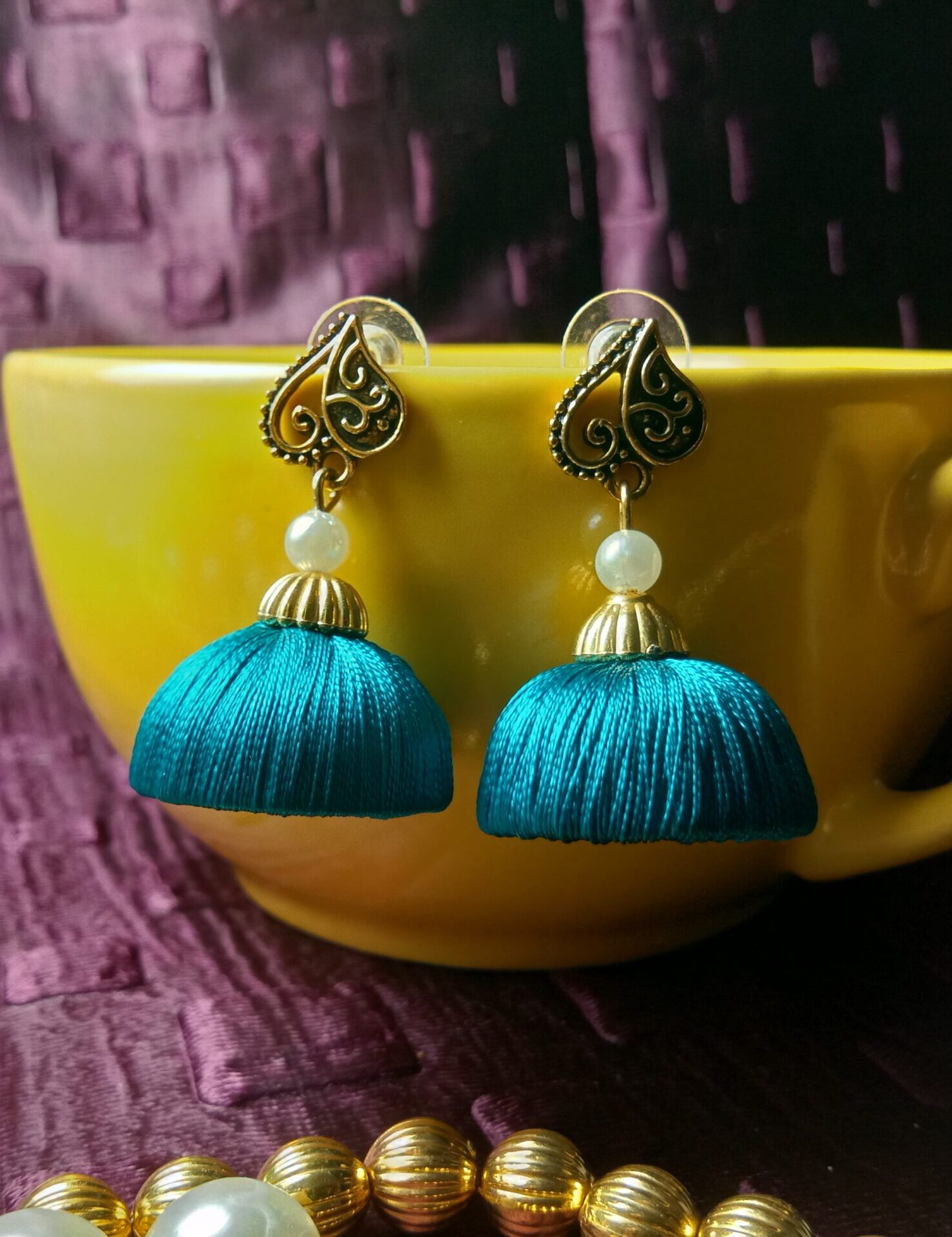 Peacock Green Silk Thread Medium Size Jhumkas With Metal Heart Shape Brass Stud