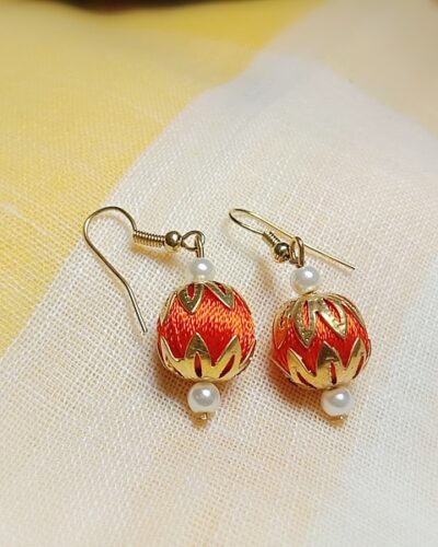 Orange Silk Thread Small Size dangle bead earing with big metal cap (Kundal)