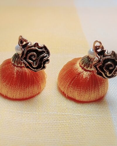 Orange Silk Thread Medium Size Jhumkas With Metal Rose Flower Shape Brass Stud