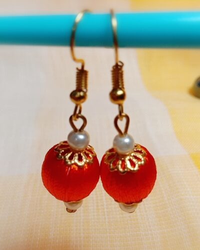 Orange Silk Thread Small Size dangle bead earing with metal cap (Kundal)