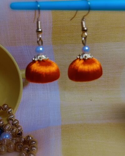 Orange Silk Thread Small Size Jhumkas with Golden Acrylic Cap