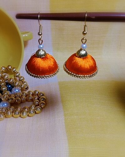 Orange Silk Thread Medium Size Jhumkas With Double Golden Lace