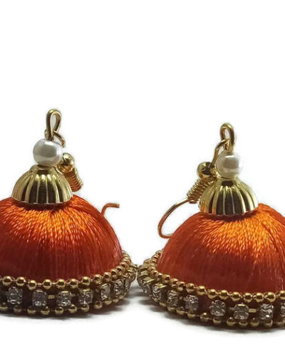 Orange Silk Thread Medium Size Jhumkas With Diamond Lace & Double Golden Lace
