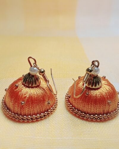 Mango Silk Thread Medium Size Jhumkas With Double Golden Lace with Gold dots