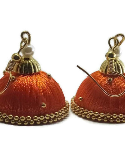 Orange Silk Thread Medium Size Jhumkas With Double Golden Lace with Gold dots