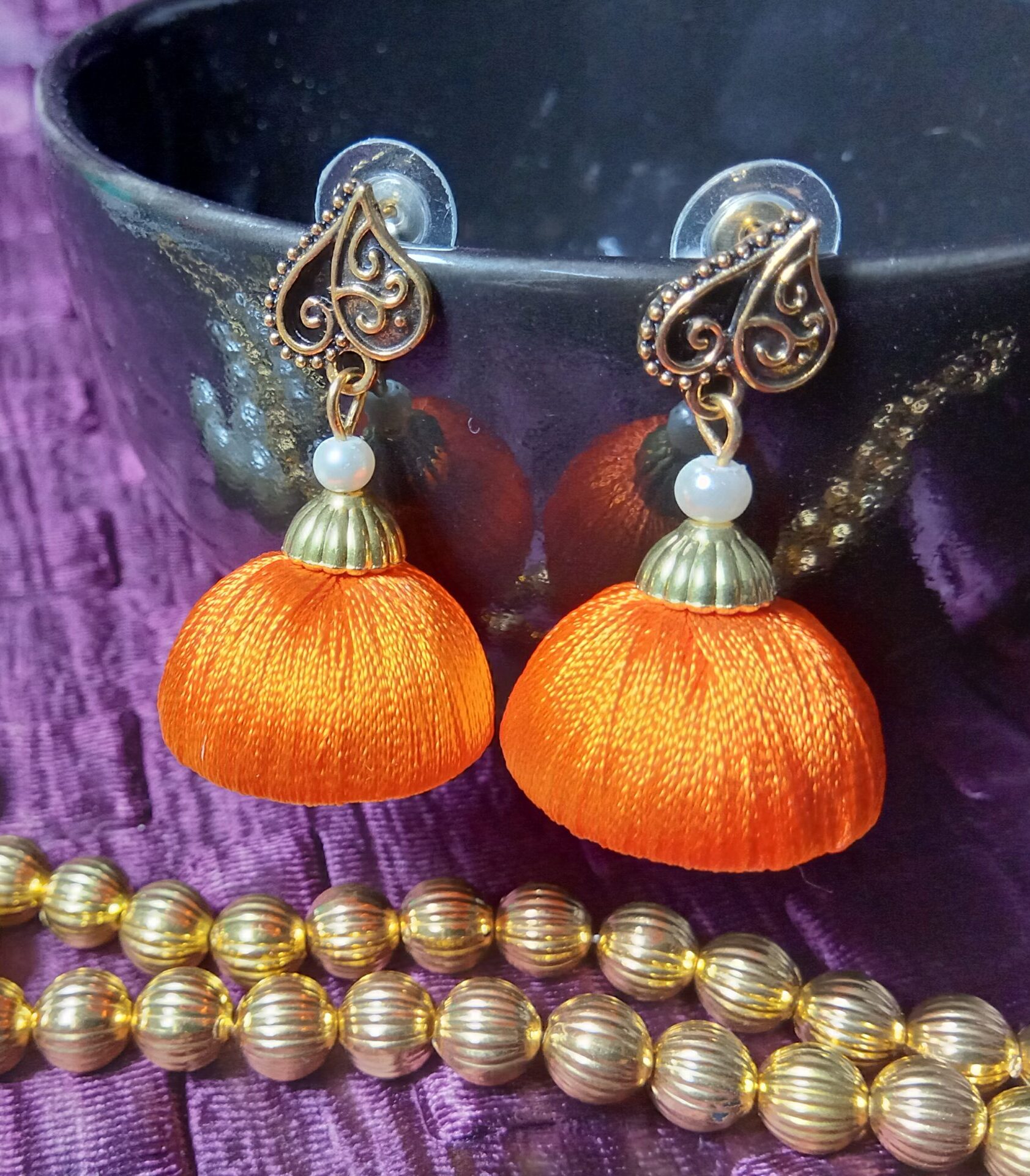 Orange Silk Thread Medium Size Jhumkas With Metal Heart Shape Brass Stud