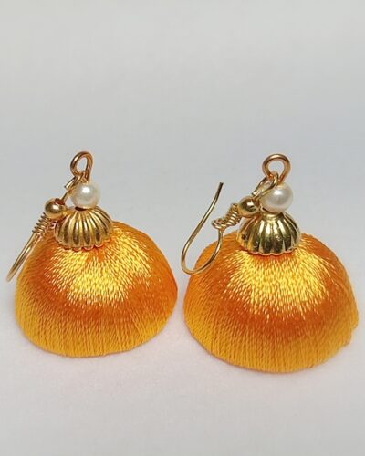 Orange Silk Thread Small Size Jhumkas with Golden Acrylic Cap