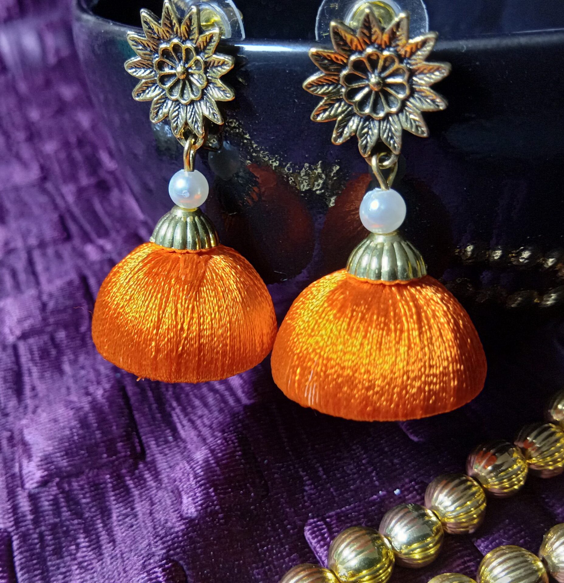 Orange Silk Thread Medium Size Jhumkas With Metal Flower Shape Brass Stud
