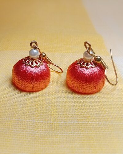 Peach Silk Thread Small Size Jhumkas with Golden Metal Cap