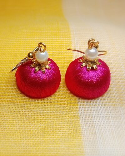 Dark Pink Silk Thread Small Size Jhumkas with Golden Acrylic Cap