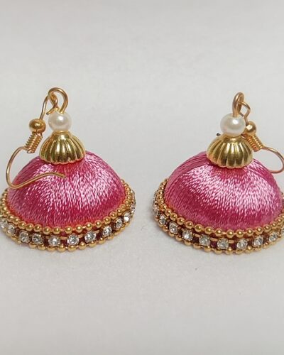 Pink Silk Thread Medium Size Jhumkas With Diamond Lace & Double Golden Lace