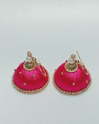 Dark Pink Silk Thread Medium Size Jhumkas With Double Golden Lace with Gold dots