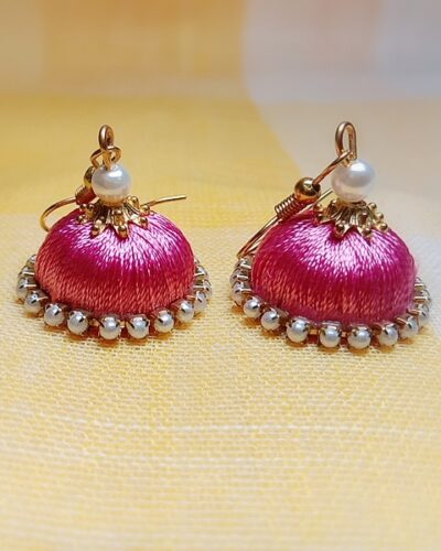 PInk Silk Thread Small Size Jhumkas Pearl Lace