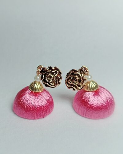 PInk Silk Thread Medium Size Jhumkas With Metal Rose Flower Shape Brass Stud