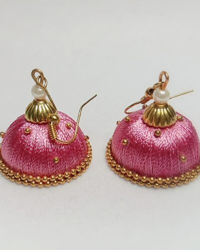 Pink Silk Thread Medium Size Jhumkas With Double Golden Lace with Gold dots