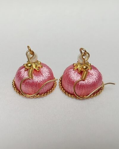 Pink Silk Thread Small Size Jhumkas With Golden Lace