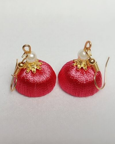 Dark Peach Silk Thread Small Size Jhumkas with Golden Acrylic Cap