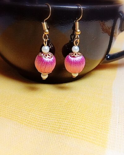 Baby Pink Silk Thread Small Size dangle bead earing with metal cap (Kundal)