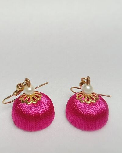 Dark Pink Silk Thread Small Size Jhumkas with Golden Metal Cap