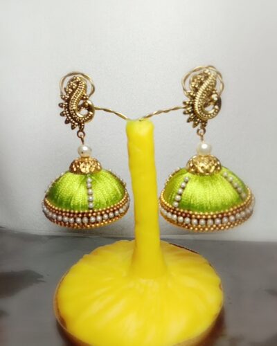Light Green Partyware Designer Heavy Silk Thread Big Size Jhumkas With Pearl & Golden Lace With Peacock Metal Stud