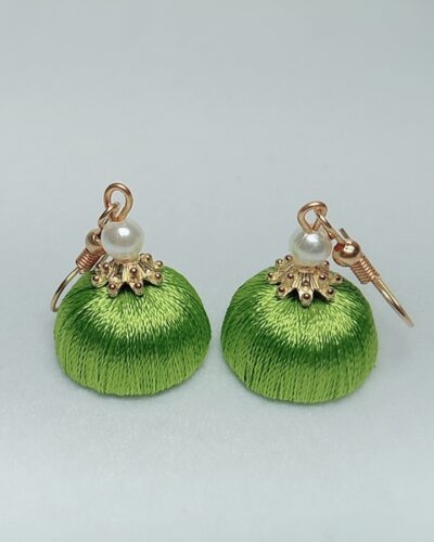Olive Green Silk Thread Small Size Jhumkas with Golden Acrylic Cap