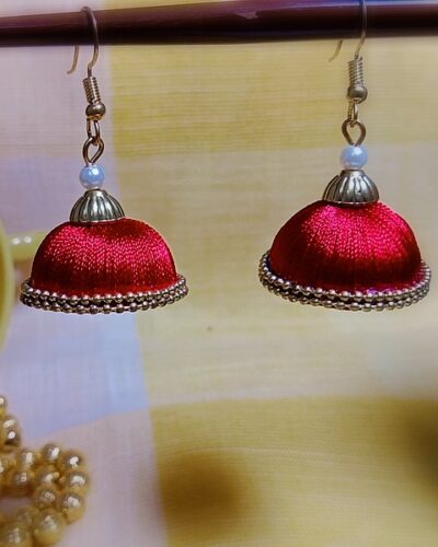 Red Silk Thread Medium Size Jhumkas With Double Golden Lace